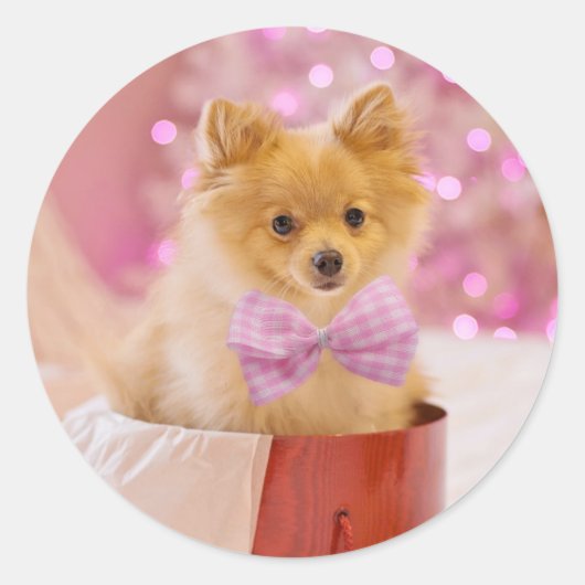 kerstpuppy ronde sticker (Voorkant)