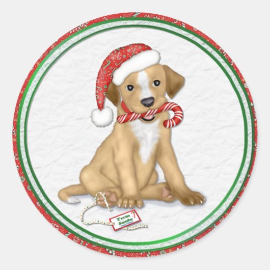 kerstpuppy ronde sticker (Voorkant)