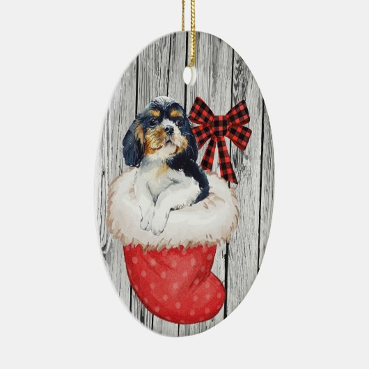 kerstpuppy Spaniel in Stopt-out op hout Keramisch Ornament (Rechts)