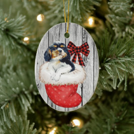 kerstpuppy Spaniel in Stopt-out op hout Keramisch Ornament