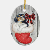kerstpuppy Spaniel in Stopt-out op hout Keramisch Ornament (Voorkant)