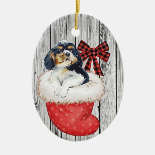 kerstpuppy Spaniel in Stopt-out op hout Keramisch Ornament (Voorkant)