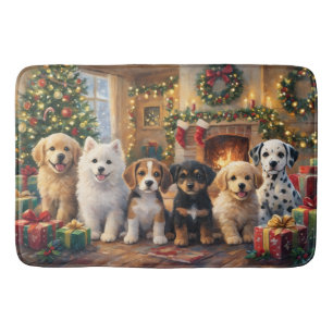 Kerstpuppy's bij de Haard en Versierde Boom Badmat