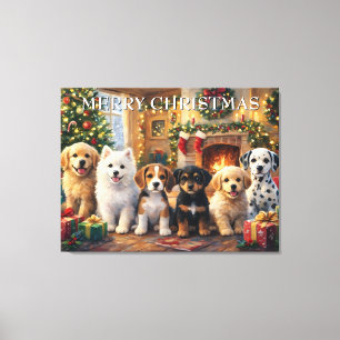 Kerstpuppy's bij de Haard en Versierde Boom Canvas Afdruk