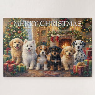 Kerstpuppy's bij de Haard en Versierde Boom Legpuzzel