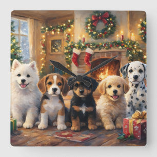 Kerstpuppy's bij de open haard en versierde kerstb vierkante klok