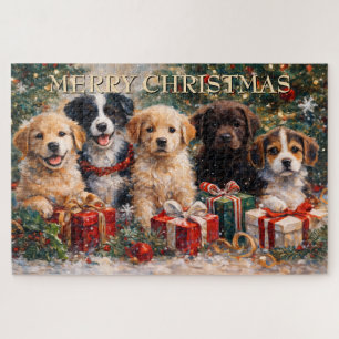 Kerstpuppy's met cadeaus onder de versierde kerstb legpuzzel