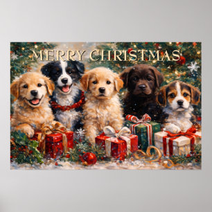 Kerstpuppy's met cadeaus onder de versierde kerstb poster