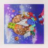 Kerstpuzzel Gnomes met ballon geeft geschenken Legpuzzel (Horizontaal)