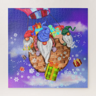 Kerstpuzzel Gnomes met ballon geeft geschenken Legpuzzel