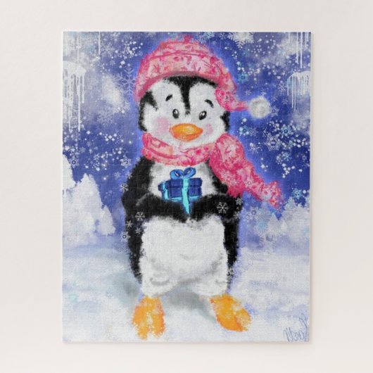 Kerstpuzzelcadeau met Happy Penguin Legpuzzel (Verticaal)