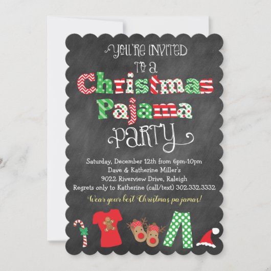 Kerstpyjama party schoolbord uitnodiging (Voorkant)