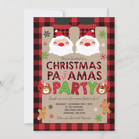 Kerstpyjama Party Uitnodiging Vakantie Pyjama's (Voorkant)
