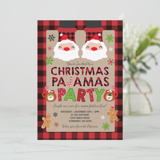 Kerstpyjama Party Uitnodiging Vakantie Pyjama's (Staand voorkant)
