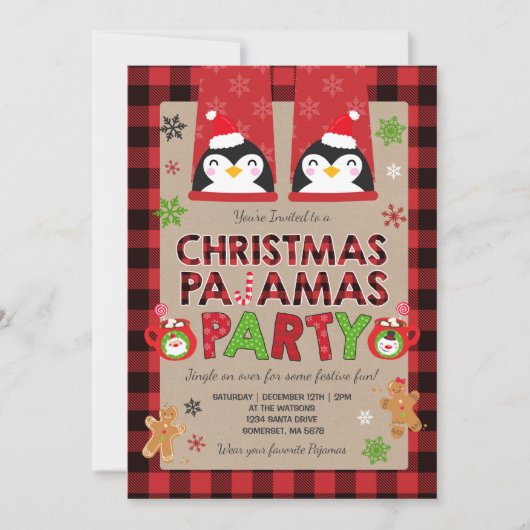 Kerstpyjama Party Uitnodiging Vakantie Pyjama's (Voorkant)