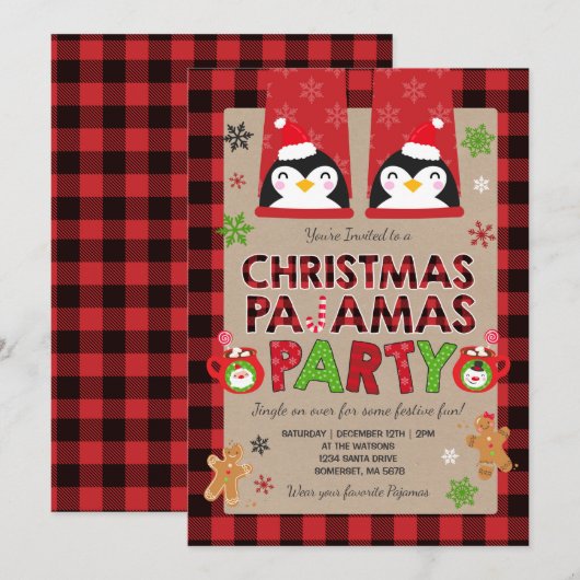 Kerstpyjama Party Uitnodiging Vakantie Pyjama's (Voorkant / Achterkant)