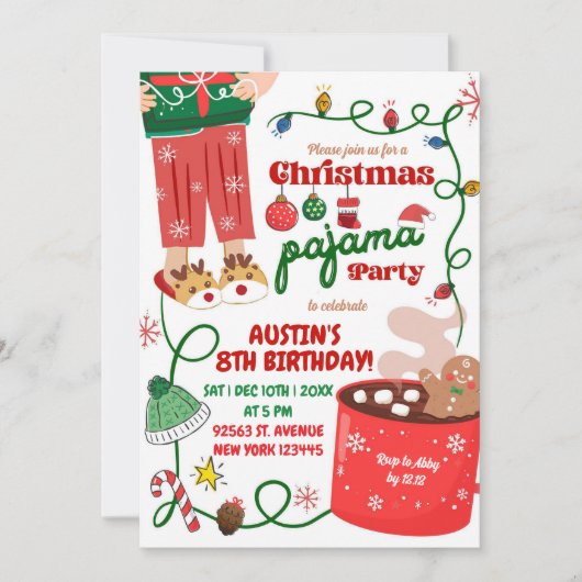 Kerstpyjama verjaardagsfeestje kaart (Voorkant)