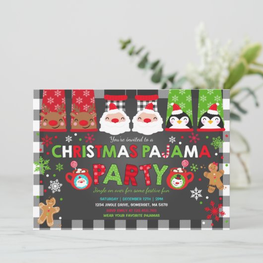 Kerstpyjama's Party Uitnodiging Vakantie Pyjama's (Staand voorkant)