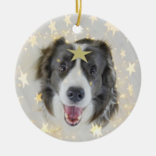 Kerstrand Collie hond met sterren en lichten Keramisch Ornament (Voorkant)