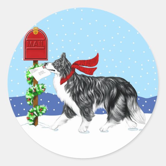 Kerstrand Collie Mail Ronde Sticker (Voorkant)