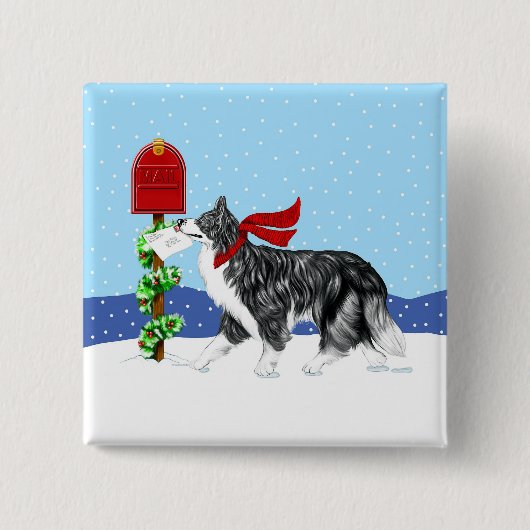 Kerstrand Collie Mail Vierkante Button 5,1 Cm (Voorkant)