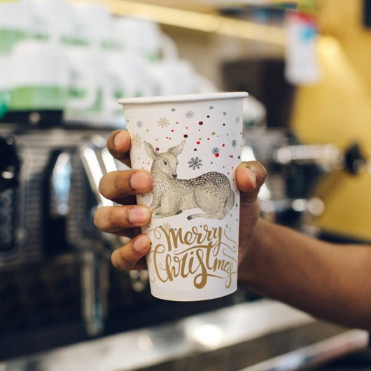 kerstrecorder en prettige kersttypografie papieren bekers