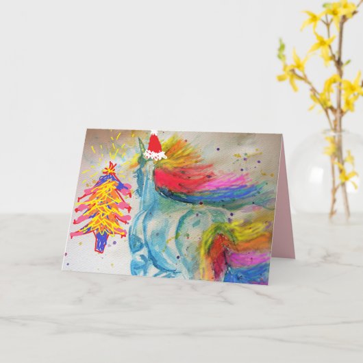 Kerstregenboog Unicorn Santa Waterverf Card Kaart (Gele Bloem)
