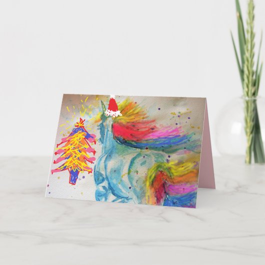 Kerstregenboog Unicorn Santa Waterverf Card Kaart (Voorkant)