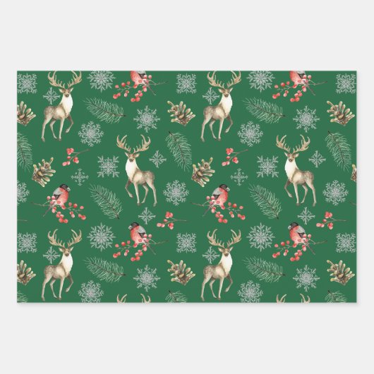 Kerstrein Deer en Red Berries Natuur Groen Inpakpapier Vel (Voorkant 3)