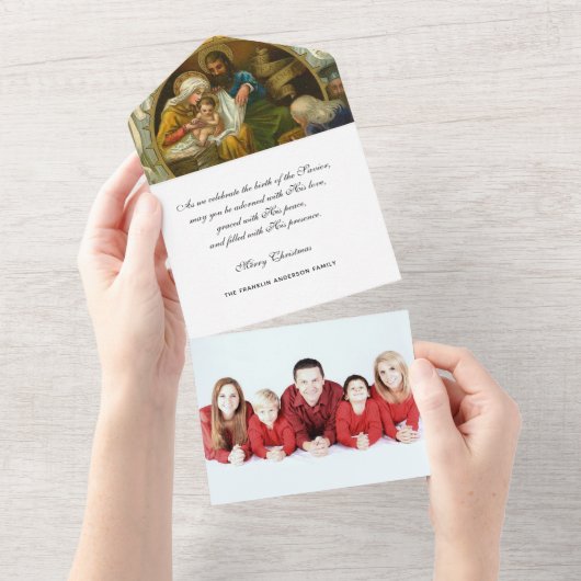 Kerstreligieuze foto Jezus Mary Joseph Family All In One Uitnodiging (Afscheurbaar)