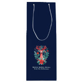 Kerstrendier Bloemen Blauwe Vakantie Wijn Cadeautas (Voorkant)