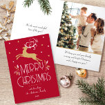 Kerstrendier en aangepaste foto Deep Red Gold Feestdagen Kaart<br><div class="desc">Een feestelijke kerstkaart in Art Deco-stijl, met bewerkbare tekst en uw eigen aangepaste foto erin. Deze stijlvolle sjabloon is voorzien van een springend rendier, versierd met decoratieve bladeren en sterren. De tekst kan worden gepersonaliseerd met een naam, datum en een persoonlijke groet. Kleuren: diep rood, wit en een goudkleurige textuur....</div>