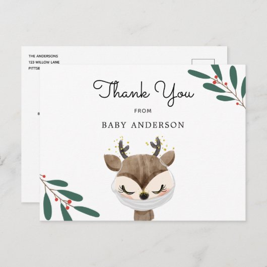 Kerstrendier in masker Baby shower Dank u Briefkaart (Voorkant / Achterkant)