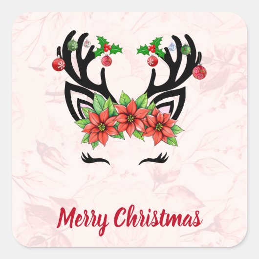 Kerstrendier met bloemenachtergrond Sticker (Voorkant)