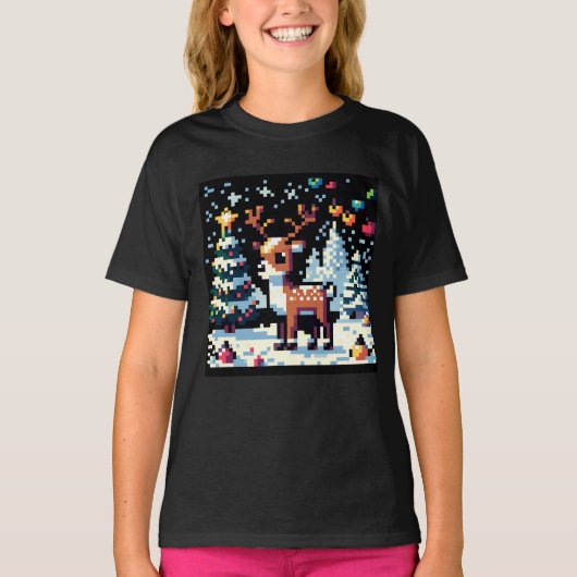 Kerstrendier Winter Wonderland Pixel Art T-shirt (Voorkant)