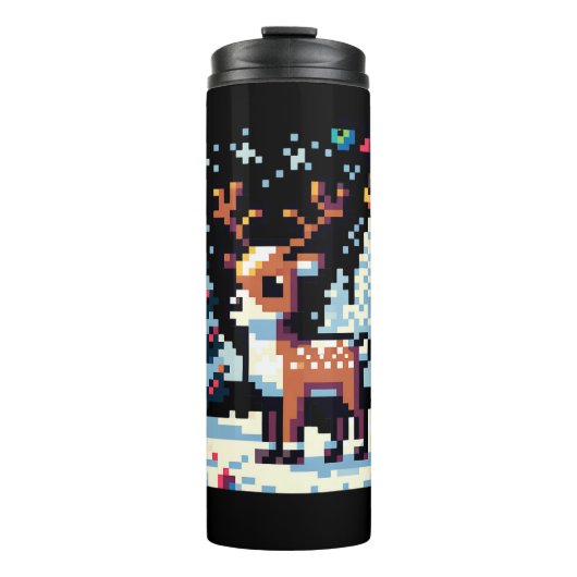 Kerstrendier Winter Wonderland Pixel Art Thermosbeker (Voorkant)