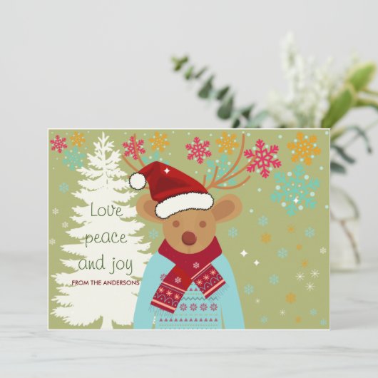 Kerstrendierboom sneeuw  rood rood feestdagenkaart (Staand voorkant)