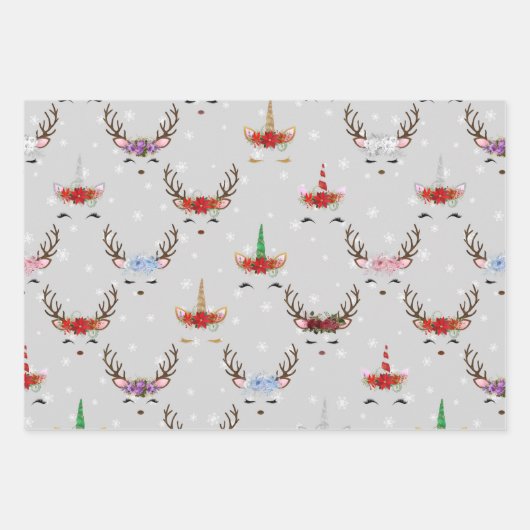 Kerstrendieren en eenhoornaars op grijs inpakpapier vel (Voorkant 3)
