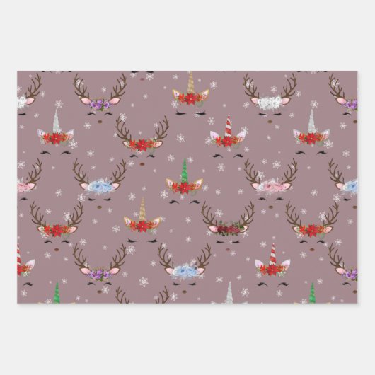 Kerstrendieren en eenhoornaars op roze inpakpapier vel (Voorkant)