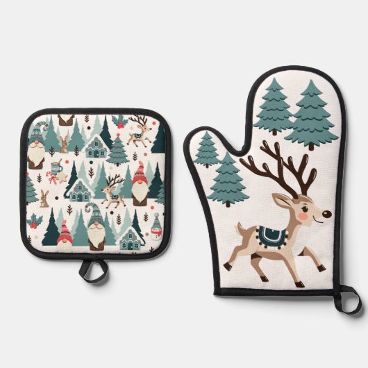 Kerstrendieren & kabouters ovenwant & pannenlap set (Voorkant)