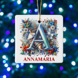 Kerstrendiermonogram met een aangepaste naam keramisch ornament<br><div class="desc">Voeg een vleugje feestelijke charme en personalisatie toe aan uw vakantiedecor met dit Monogram kerstornament. Met de letter "A" prachtig gecombineerd met een rendier gekleed in een Scandinavische folk art-stijl trui, dit ornament vangt de sfeer van het seizoen met zijn ingewikkelde details en levendige kleuren. De achtergrond barst van bloemen...</div>