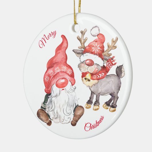 Kerstrendiertje met gnome keramisch ornament (Links)
