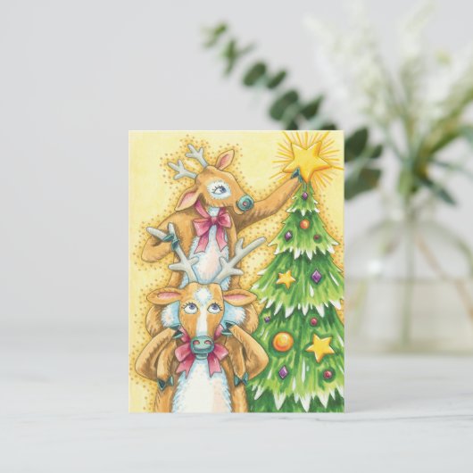 Kerstrendiertje met kerstboomster feestdagenkaart (Staand voorkant)