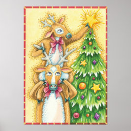 Kerstrendiertje met kerstboomster poster