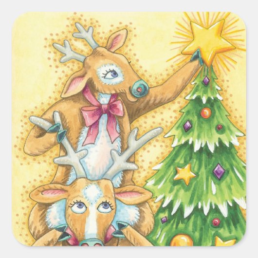 Kerstrendiertje met kerstboomster vierkante sticker (Voorkant)