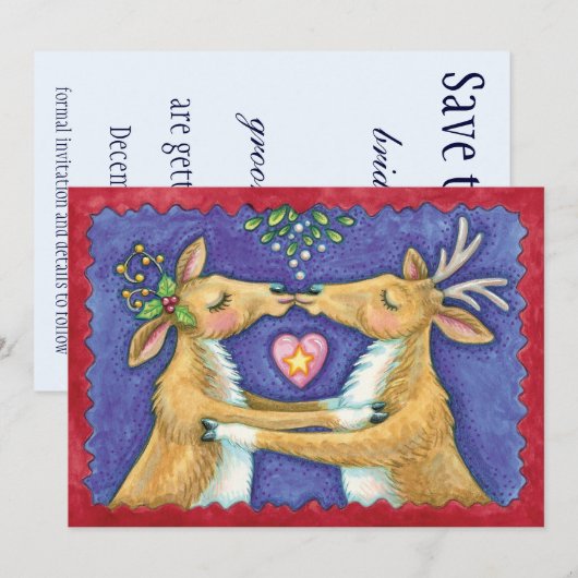 Kerstrendiertje, Mistletoe Kiss, sla de datum op Kaart (Voorkant / Achterkant)