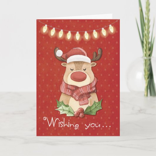 Kerstrendiertje op rode pokadots kaart (Voorkant)