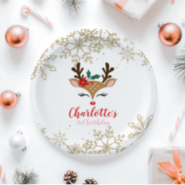 Kerstrendiervlekken met gouden sneeuwvlokken papieren bordje