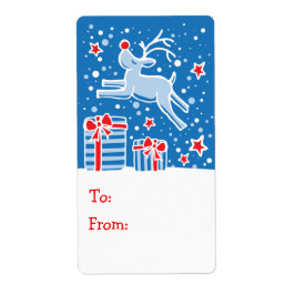 kerstrenrendecadeau label blauw (van en naar)