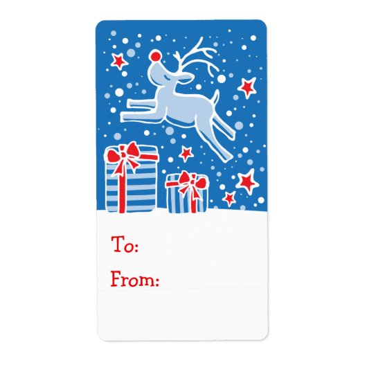 kerstrenrendecadeau label blauw (van en naar) (Voorkant)